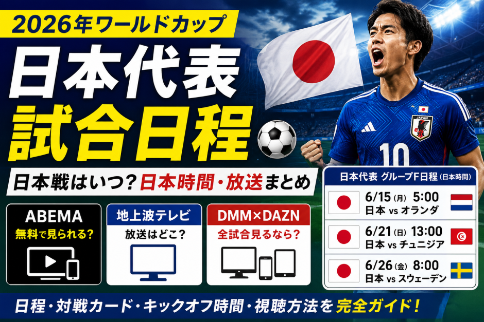2026年ワールドカップ日本代表の試合日程と放送情報をまとめたアイキャッチ画像。日本代表のグループF日程（オランダ戦、チュニジア戦、スウェーデン戦）、日本時間、ABEMA、地上波テレビ、DMM×DAZNホーダイの視聴方法をわかりやすく紹介するサッカー観戦ガイド。